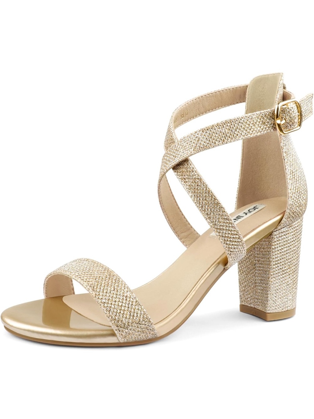 Sparkling Gold Crisscross Block Heel Sandal - Women's Dress Shoe
